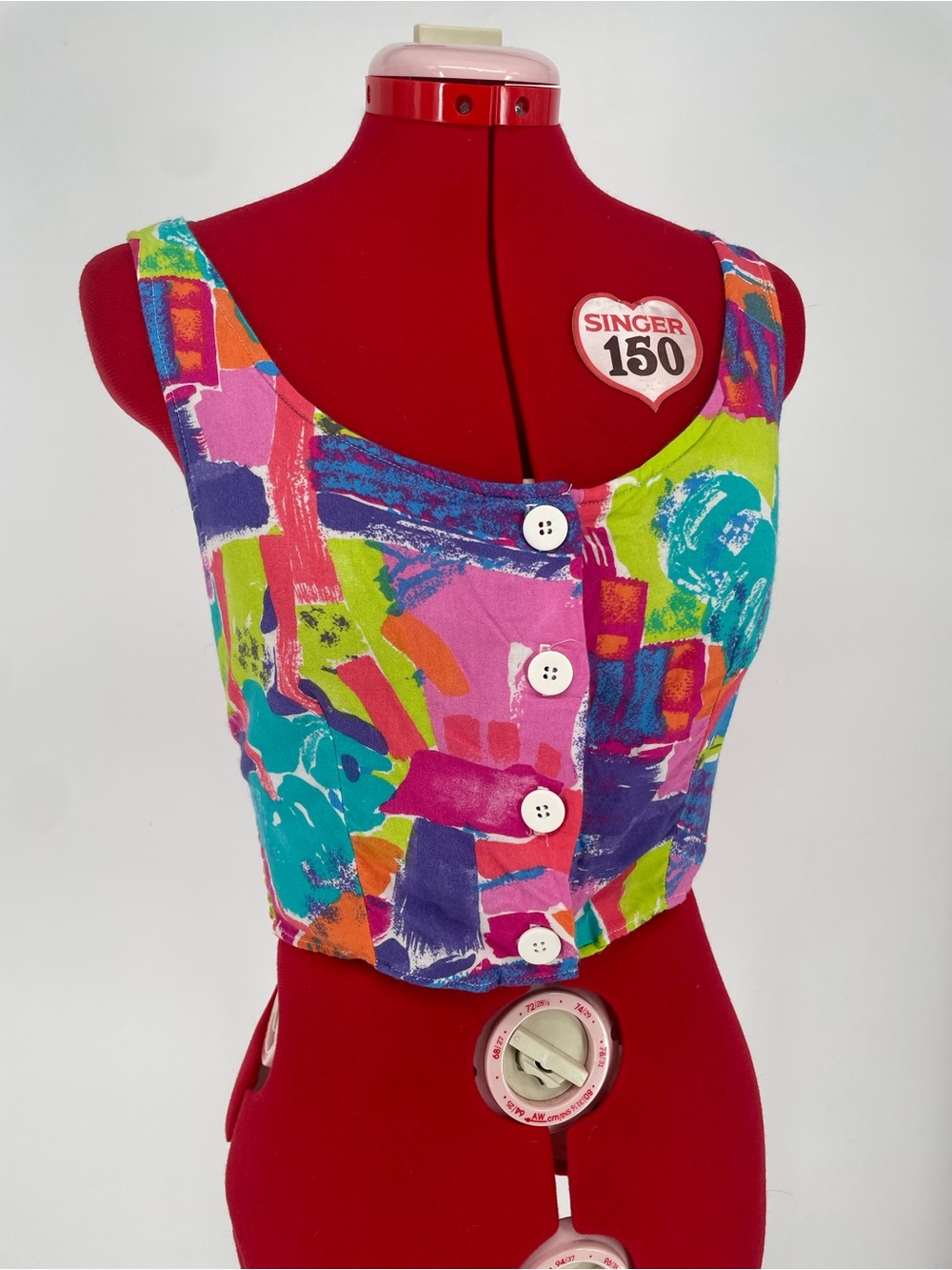 80s Vibrant Colorful Abstract Print Criss Cross Back Crop Top Shirred Back